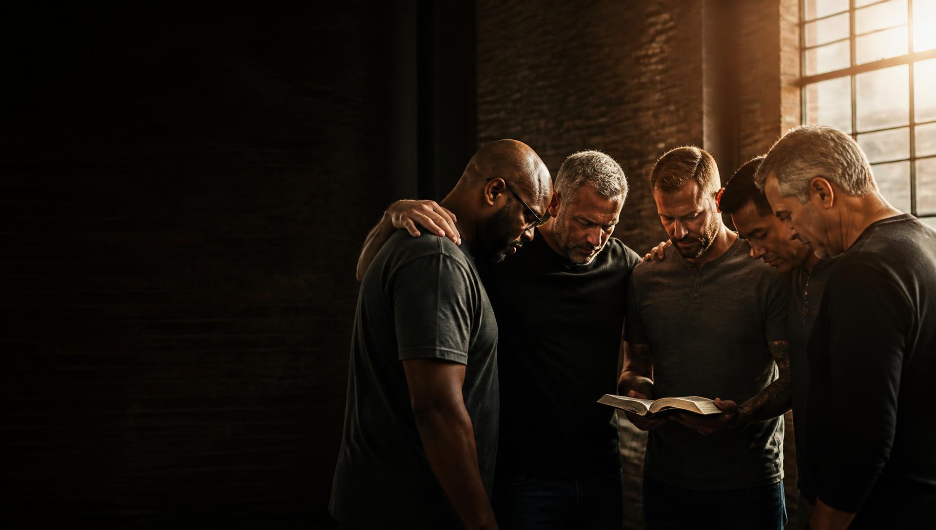 Diverse group of men praying together around an open Bible